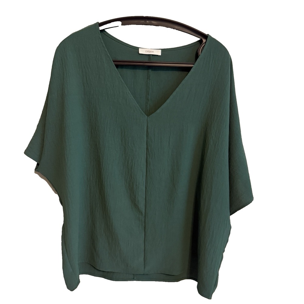 Womens Green V-Neck Short Sleeve Top Size M Lagenlook Layers Minimalist Boho